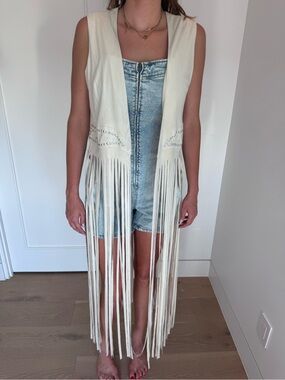 Fringed Studded Suede-like Vest in Light Beige